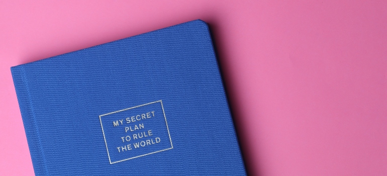 A blue notebook with the title my secret plan to rule the world on a pick background