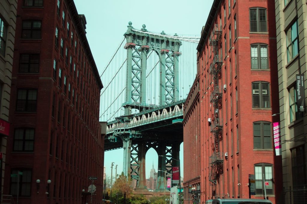 Brooklyn Bridge landmark among the buildings