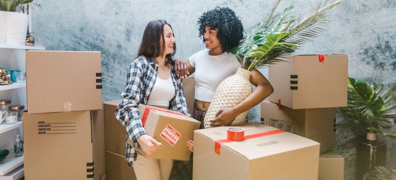 Happy woman smiling at each other: one holding a box, the other carrying a plant