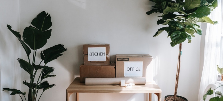 boxes on the table labeled office and kitchen